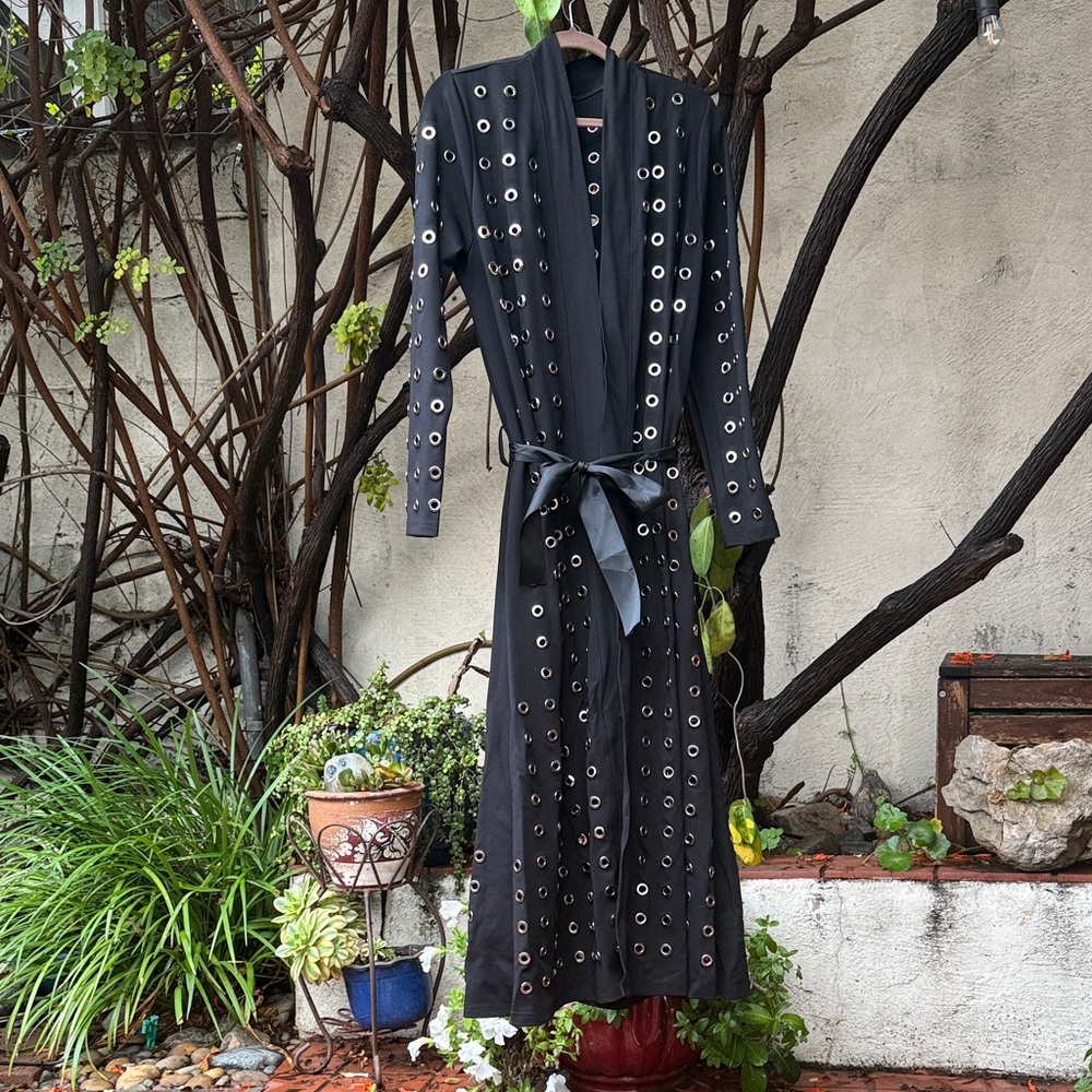 Black Grommet-Embellished Long Coat